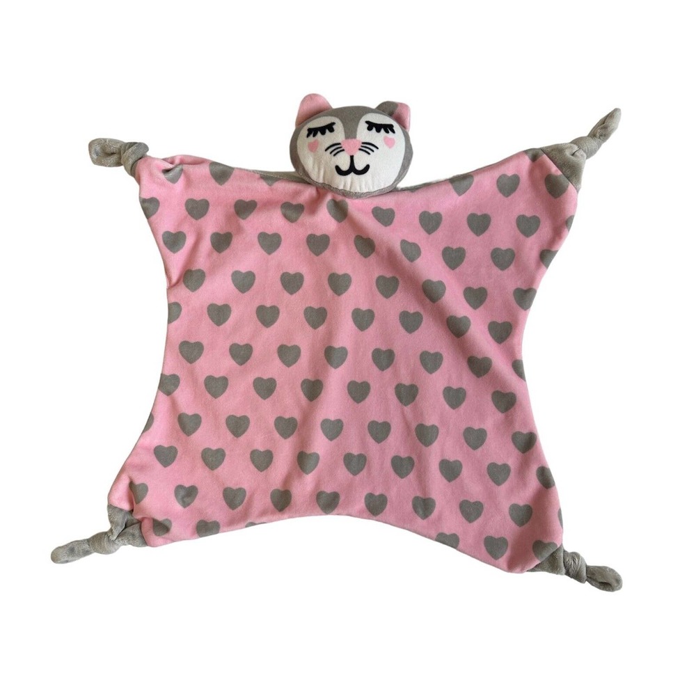 Sleeping Kitty Cat Pink Gray Hearts Knotted Baby Kids Security Blanket Lovey Toy